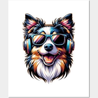 Miniature American Shepherd as Smiling DJ with Headphones Posters and Art